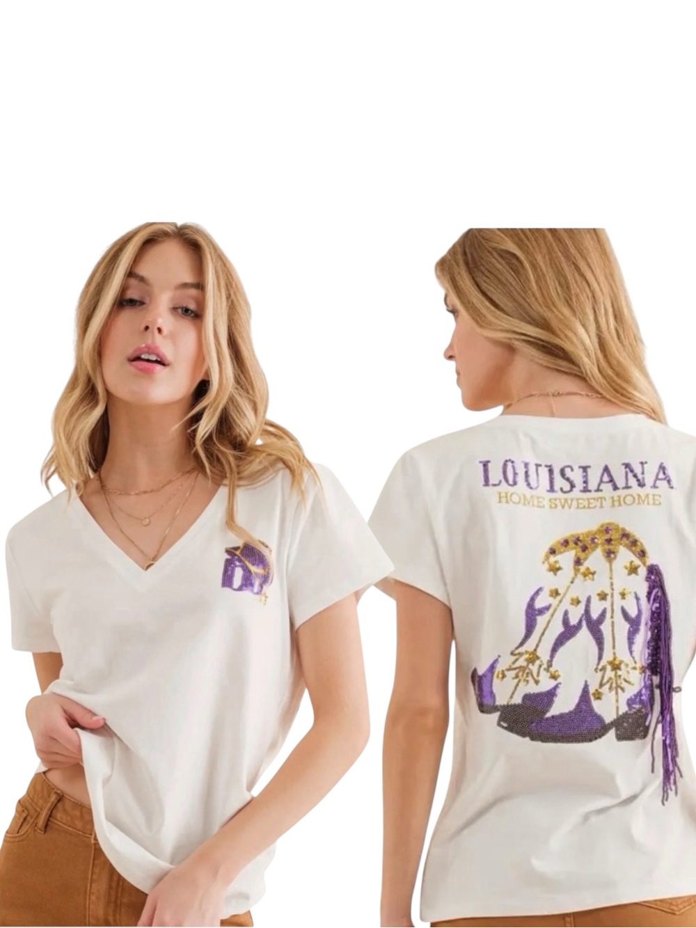 NEW blue b Louisiana Purple Gold Home Sequin Fringe Cowboy Boot White T-shirt